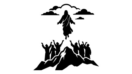 Fototapeta premium Jesus ascending into clouds above disciples silhouette. Resurrection biblical theme. Vector illustration isolated on white background