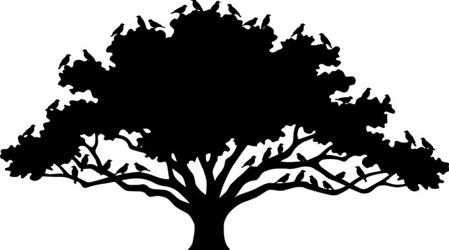 Giant mustard tree with birds in branches silhouette. Kingdom parables theme. Vector illustration isolated on white background