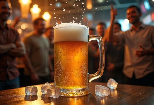 Overflowing Beer Foam Mug Sports Pub Lively Cheers Celebration Crowd Ambiance