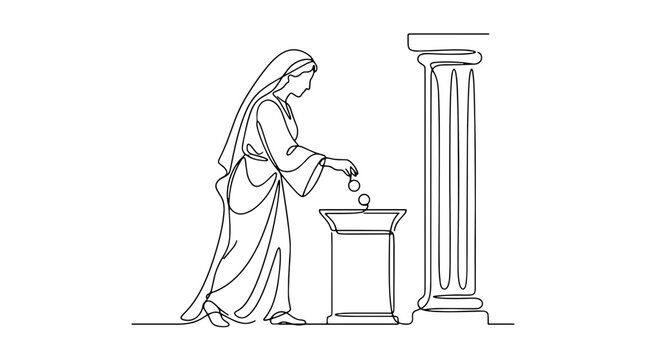 Poor widow offering coins continuous line drawing. Biblical parables theme. Minimalist vector illustration