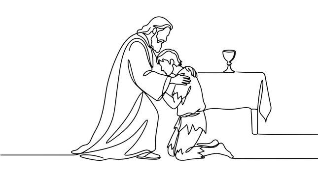 Continuous line drawing of father embracing kneeling son. Prodigal son biblical parable vector illustration