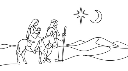 Obraz premium Holy family traveling through desert on donkey at night. New Testament nativity theme. Continuous line art vector illustration
