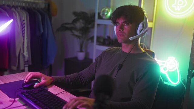 Man wearing a gaming headset clenches fist at keyboard and smiles while seated in a streaming studio; victory joy.
