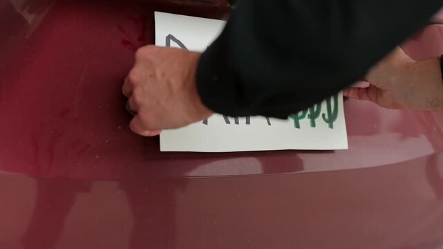 Handmade sign on car license plate slot messages like Opt Out and Data equals money to protest ALPR vehicle surveillance and Fourth Amendment rights