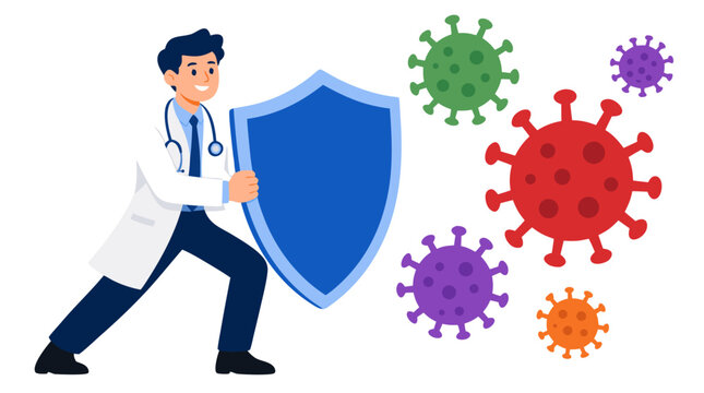 A smiling male doctor in a white coat and stethoscope holds a large blue shield to protect against colorful stylized virus particles in a flat vector illustration representing medical immunity and