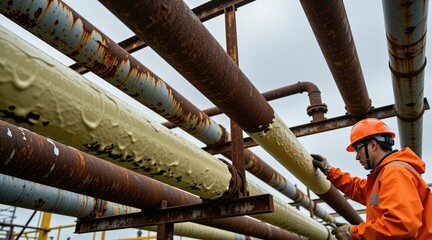 Fototapeta premium Industrial worker in protective gear applies yellow coating to metal pipes. Man repairs rusty pipeline at construction site. Technician checks corroded structures for maintenance project. Person uses