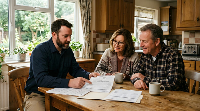 home renovation contractor consultation | roofing estimate for homeowners | senior couple reviewing home repair contract | professional contractor meeting with clients at home