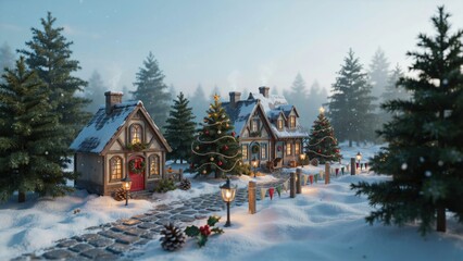 Fototapeta premium A cozy winter village with snow covered cottages and christmas trees
