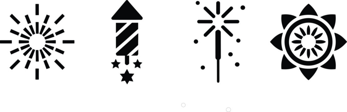 Pyrotechnic celebration symbols showing explosive firework rocket sparkler wand and rotating Catherine wheel
