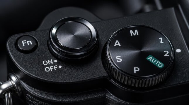 Close-up of a modern digital camera's control dials and buttons