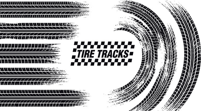 Racing circuit tire tread marks with checkered flag logo and semicircular drift impression