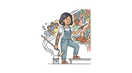 Artist paints colorful mural on wall with diverse crowd watching © Pergi