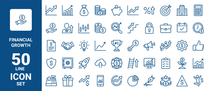Set of 50 financial growth line icons, vector illustration