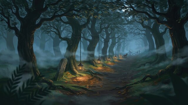 A mysterious dark forest path illuminated by glowing hanging lanterns at night