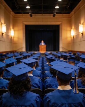 Graduates in blue caps and gowns attending a formal commencement ceremony.