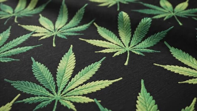 Close-up of Embroidered Cannabis Leaves on Black Fabric with Texture and Visual Interest