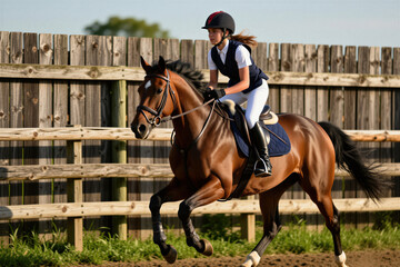 Obraz premium Young woman rides brown horse in arena near wooden fence. Female jockey in helmet and vest prepares for show jumping competition, train at equestrian center.