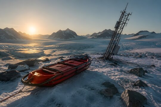 Red Rescue Sled Lies Beside Broken Radio Antenna On Glacier Under Long Golden Shadows Dramatically