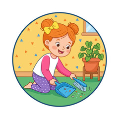 Fototapeta premium Cute girl cleaning her messy room with broom and dustpan on green carpet floor surface.