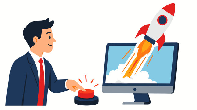 Professional businessman pressing red launch button as rocket lifts off computer screen, representing digital startup innovation, entrepreneurial growth, and business success in modern tech economy