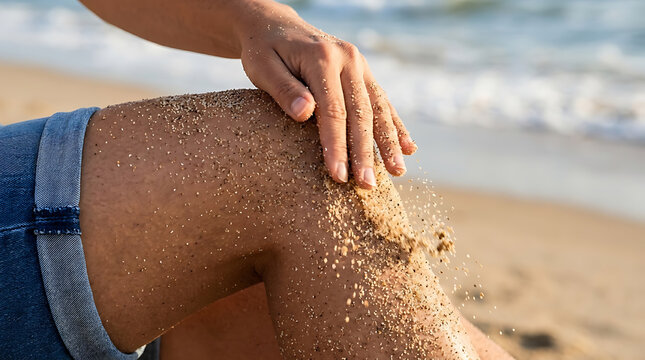 Person's Hand Letting Sand Fall Off Leg at Sunny Beach During Summer Heat Wave