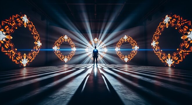 Silhouetted Person Standing Center Stage with Radiant Light and Fire Ring Orbs