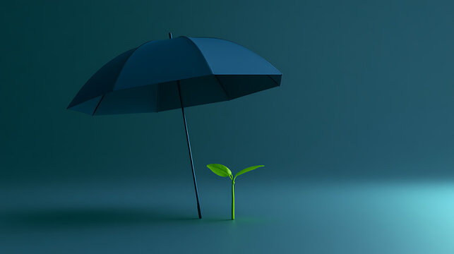 Small, vibrant green sprout protected by a dark blue umbrella against a deep green-blue background, symbolizing protection and growth