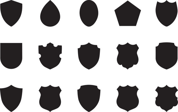 Set of various black shield silhouettes isolated on a white background for heraldry and security design elements