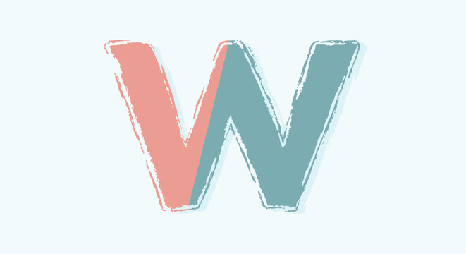 Stylized letter W in a textured brush stroke style with a split color scheme of salmon pink and muted teal on a pale background.