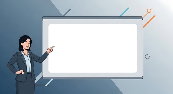 Professional Woman in Suit Presenting Large White Screen in Modern Conference Room
