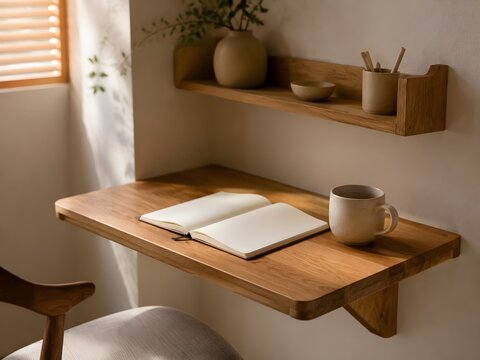 Floating Study Desk With Blank Journal Wall Shelf Ceramic Cup And Smart Space Saving Design