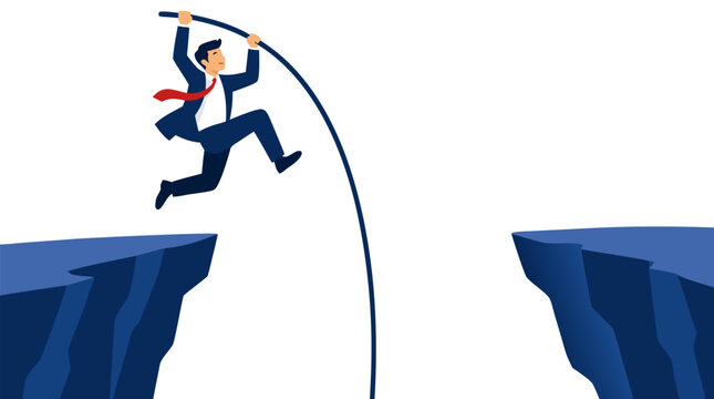 Businessman pole vaulting over cliff gap in navy suit with red cape, bold flat colors, vector illustration of professional success, achievement, overcoming obstacles and business growth metaphor on