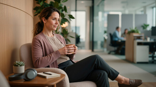 Thoughtful businesswoman holding a coffee mug while sitting in an armchair. Professional female employee taking a break in a modern corporate office. Workplace wellness and lifestyle concept