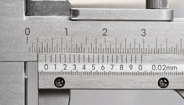 Macro close-up of a vernier caliper's scale, showcasing precisely engraved measuring markings with 0.02mm increments and a non-reflective satin-chrome finish