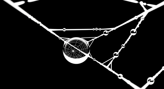 Webbed Globe Sphere Suspended by Chains in Dark Scene