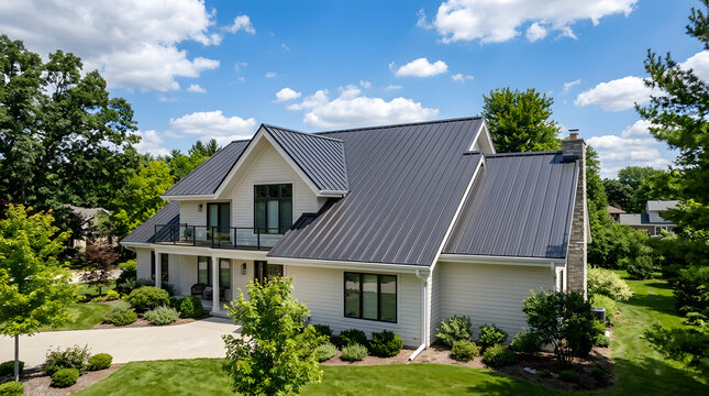 Standing seam metal roof | Modern suburban house exterior | Residential roofing design | Gray metal roof installation
