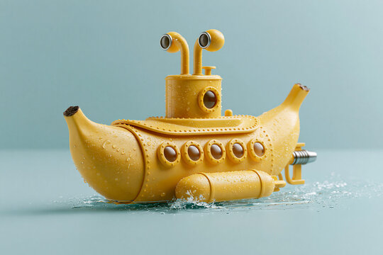 Playful pop art scene of a ripe yellow banana styled as a miniature submarine floating in clean blue water
