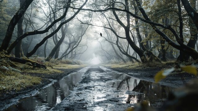 moody forest road covered in thick morning fog with reflections in puddles