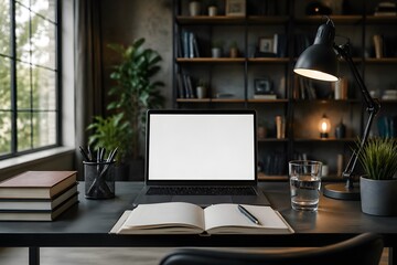 Naklejka premium Contemporary Study Setup Featuring Blank Screens Metal Pen Holder Glass Of Water Visuals