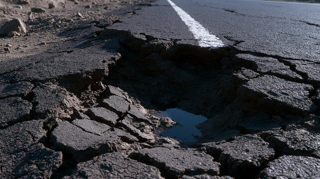 A massive deep pothole severely damages an asphalt road with cracked surface and standing water. Dangerous infrastructure problem for transport and municipal maintenance concepts.