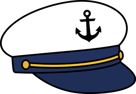 Vector illustration of a classic captains hat with anchor emblem and blue band isolated on white background for nautical themed designs