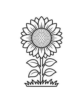A black and white line drawing of a sunflower with petals, stem, and leaves in minimal style.