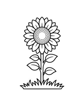 A black and white line drawing of a sunflower with petals, stem, and leaves in minimal style.