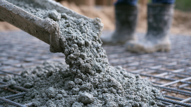 Fresh concrete pouring from a chute onto steel reinforcement rebar on a construction site. Essential building materials and foundation work concept.
