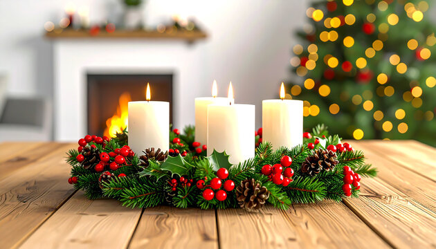 Adventskranz mit vier brennenden wei&szlig;en Kerzen auf Holztisch vor Weihnachtsbaum