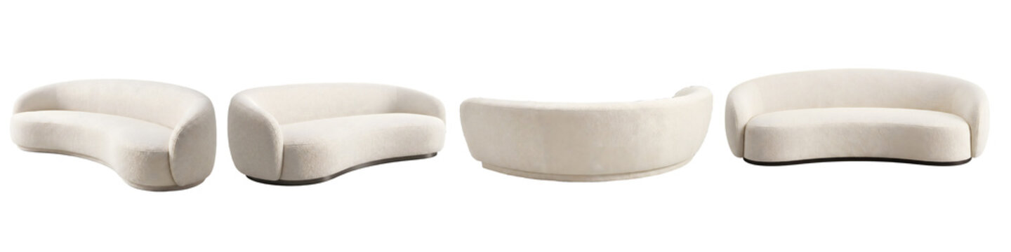 Modern curved white sofa set from different angles isolated on white background