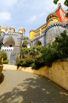 Dramatic low-angle view of the fairytale Pena Palace in Sintra, Portugal .