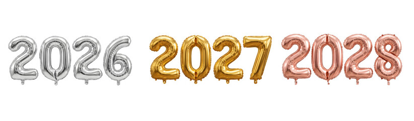 Set of 2026 2027 and 2028 metallic foil balloons isolated on white background © fip3
