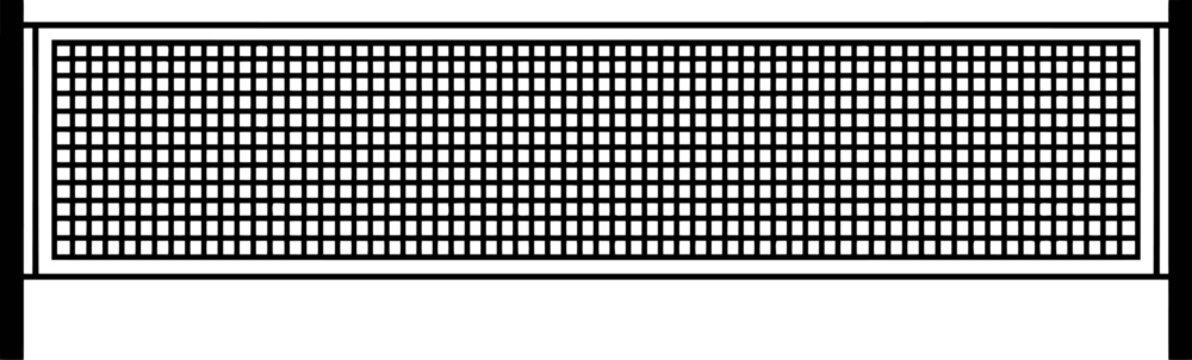 Black and white illustration of a tennis net with detailed grid pattern isolated on a white background for sports design and concept