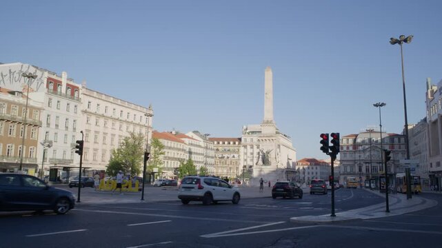 Wide View of Restauradores Monument in Lisbon Portugal During Summer Golden Hour Shot with Cinema Camera